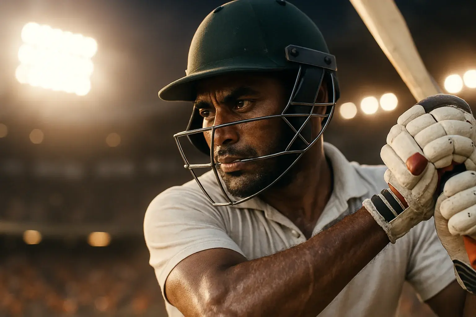 Bangladeshi male cricket batsman in white kit mid-swing under stadium lights