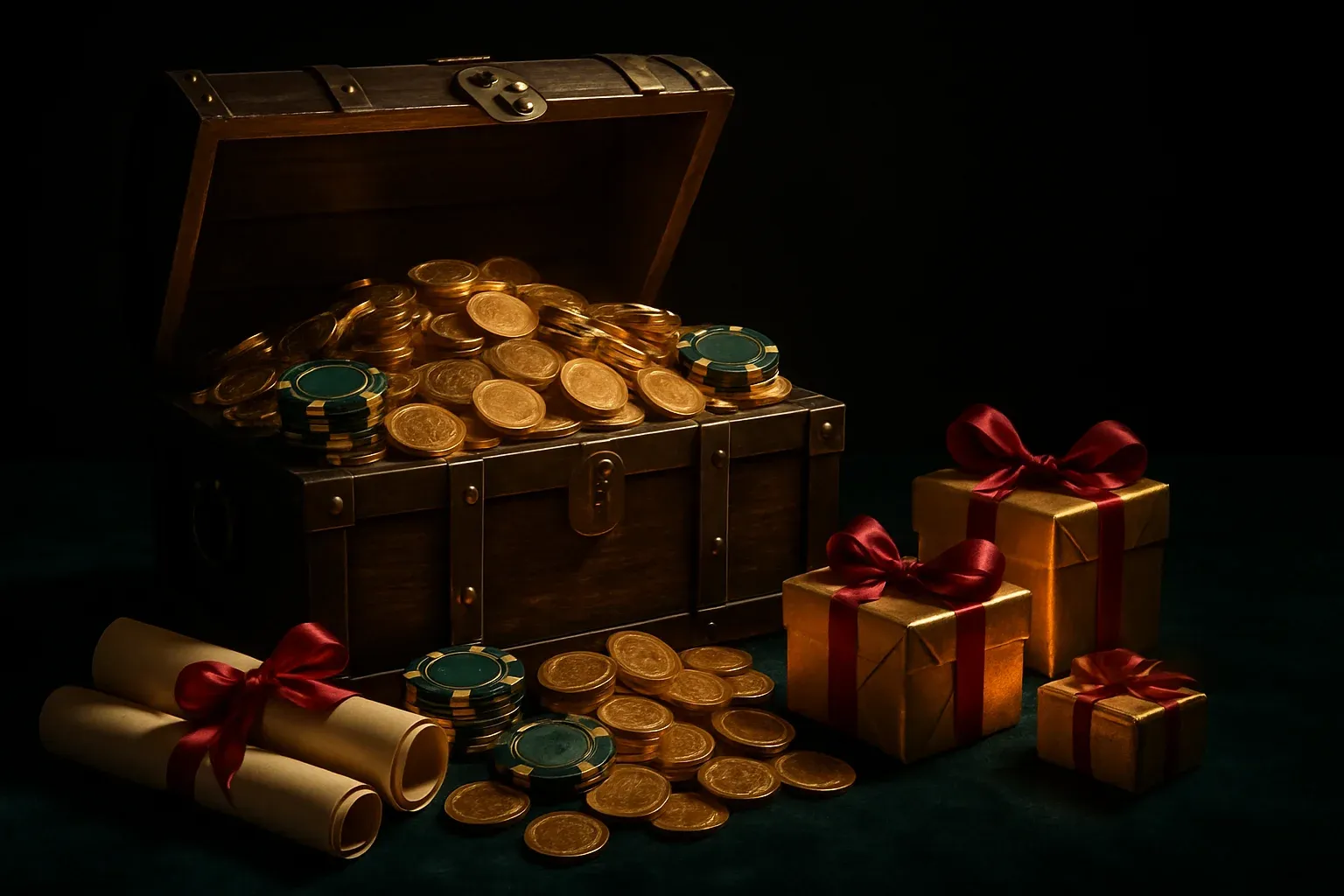 Overflowing treasure chest with gold coins, casino chips, vouchers, and gift boxes