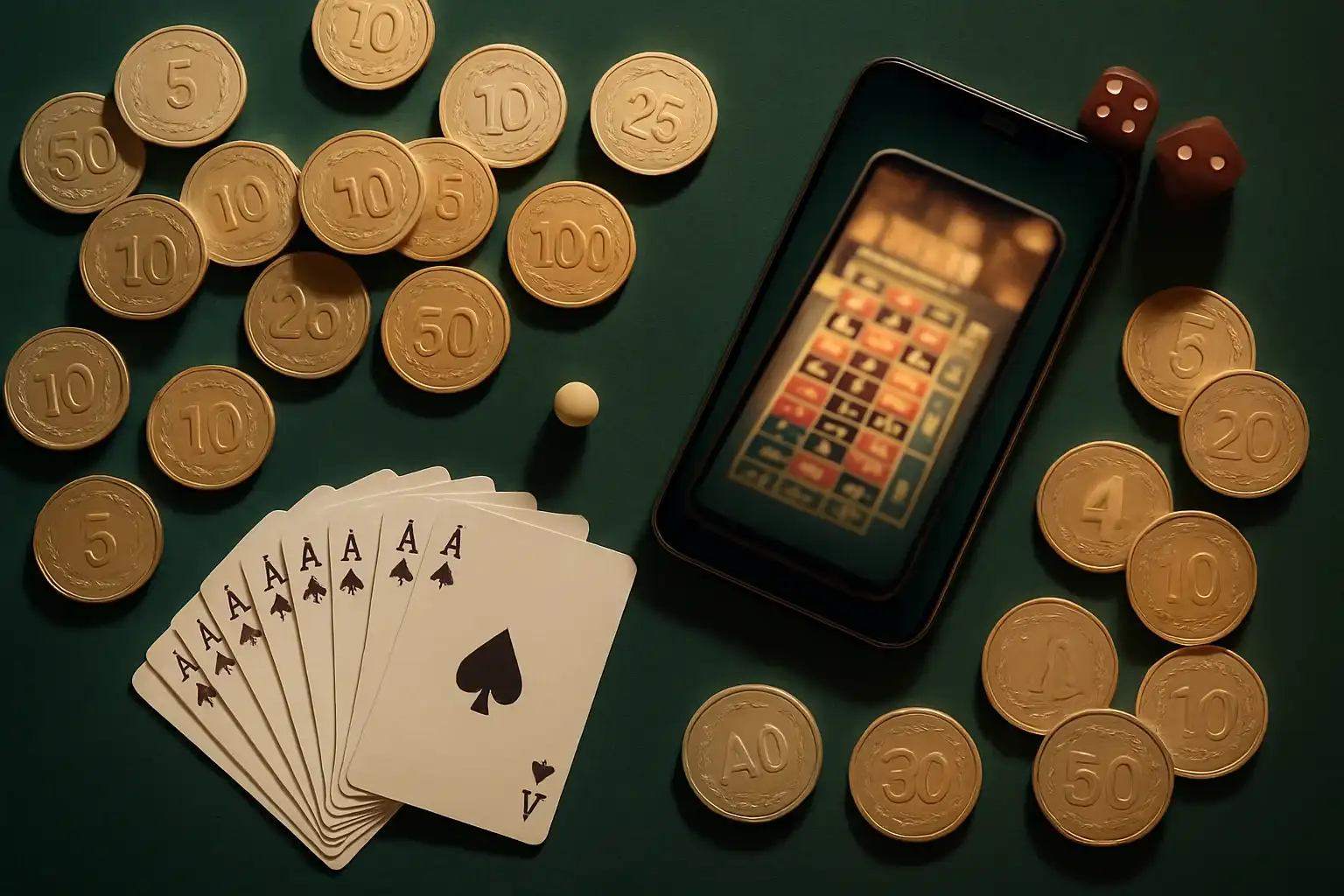 Top-down casino table with gold chips, cards, dice, roulette ball, smartphone
