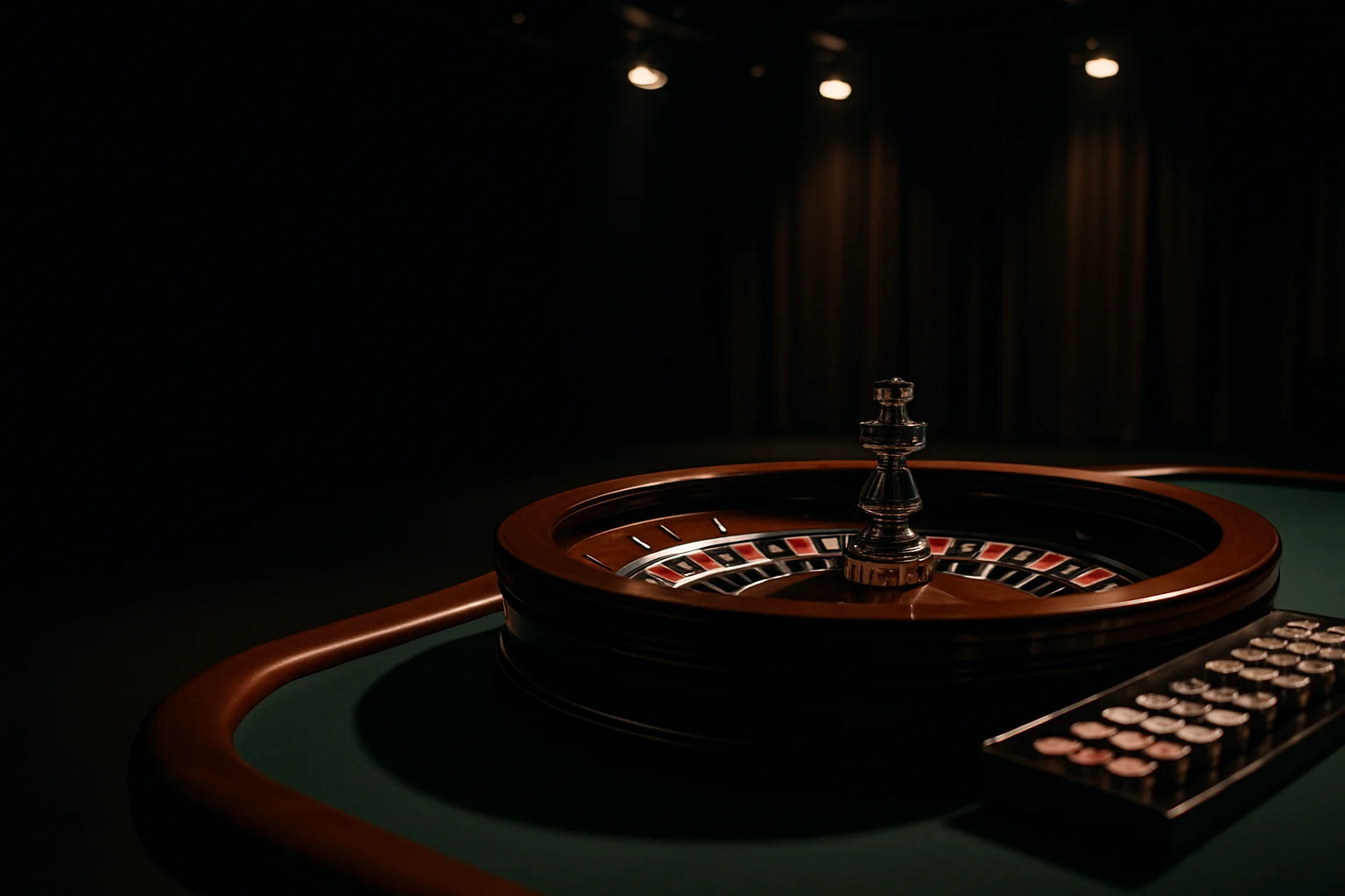 Premium live casino studio with empty roulette table and dramatic lighting