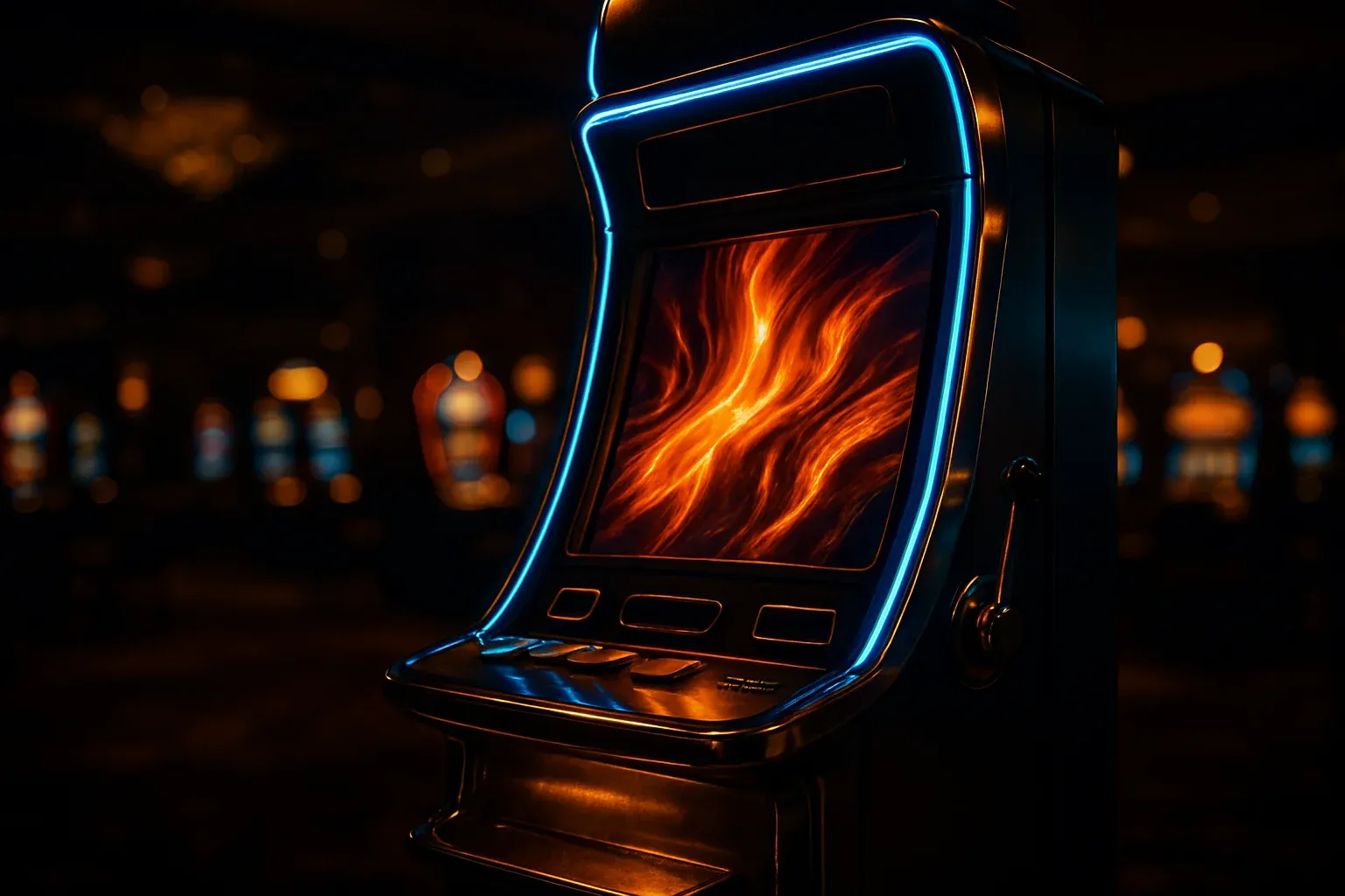 Premium slot machine glowing in dark luxury casino with neon lighting